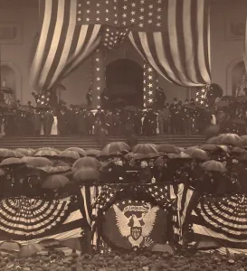 2017 Prints: President Benjamin Harrison takes the oath of office in a sea of umbrellas on March 4