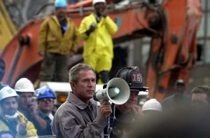 9 11 Prints: President Bush addresses rescue workers with a bullhorn at the site of the World Trade Center disaster two days after