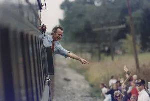 Images Dated 16th February 2011: President Bush waves from the back of the train during his re-election campaign in Bowling Green Ohio