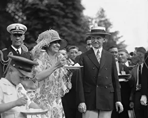 Grace Goodhue Prints: President Calvin Coolidge (1872-33) smiles along with his wife at a White House garden party in June 1926