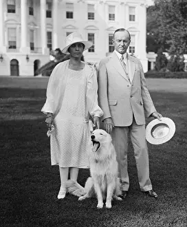 Calvin Prints: President Calvin Coolidge and Grace Coolidge with their white collie Rob Roy
