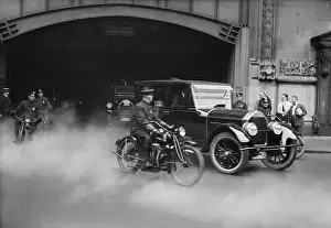 Excitement Prints: President Calvin Coolidge's car escorted by motorcycle police in New York City