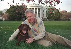 First Family Prints: President Bill Clinton with his a male chocolate-colored Labrador Retriever