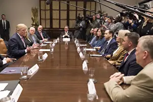 Microphones Prints: President Donald Trump meets with state and local officials to discuss school safety