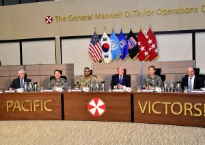 Brooks Prints: President Donald Trump at a military briefing by US and Republic of Korea military in South Korea