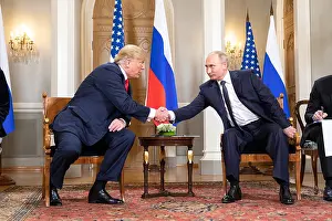 Vladimir Prints: President Donald Trump and President Vladimir Putin shaking hands before photographers in Helsinki