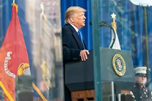 Populist Prints: President Donald Trump speaks from behind bulletproof glass at a Veterans Day wreath-laying ceremony at Madison Square