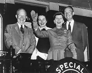 Mamie Prints: President Eisenhower and his family train waving from the back of their campaign train