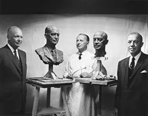 Sculptor Prints: President Eisenhower and Former Governor Harold Stassen next to their portraits by sculptor Tregor