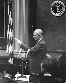 Newsmen Prints: President Eisenhower pointing to acknowledge a reporter at a press conference