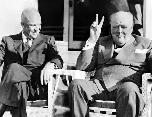 Tories Prints: President Eisenhower watches Britain's Prime Minister Winston Churchill give his famous V-for-victory