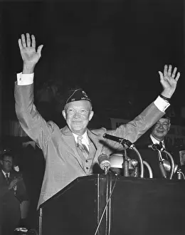 Microphones Prints: President Eisenhower waving to the Annual Convention of the America Legion