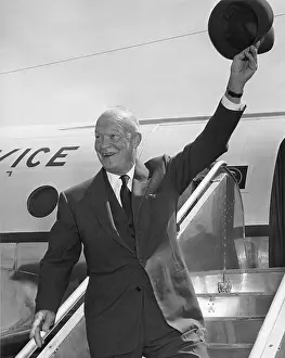 Politicians Republicans Prints: President Eisenhower waving his hat from airplane steps