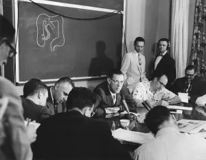 Lcgr1412 Prints: President Eisenhowers doctors brief the press on his intestinal surgery. June 10, 1956