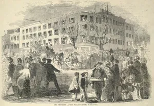 Procession Prints: President Franklin Pierce (in top hat) in a carriage leaving Willards Hotel for his Inauguration