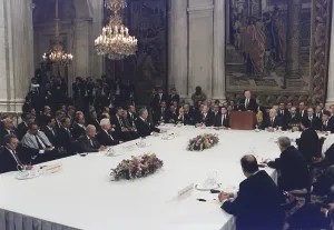 Images Dated 16th February 2011: President George Bush addresses the Middle East Peace Conference at the Royal Palace in Madrid Spain