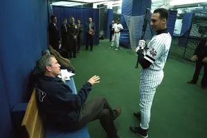 George W Prints: President George W. Bush Derek Jeter before the first pitch in Game 3 of the World Series