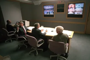 Bunker Prints: President George W. Bush in a multiscreen video conference at Offutt Air Force Base