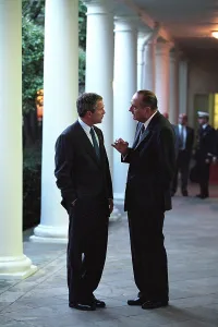 Colonnade Prints: President George W. Bush talks with President Jacques Chirac of France