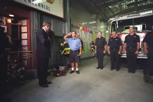 George W Prints: President George W. Bush visits with firefighters at Engine Co
