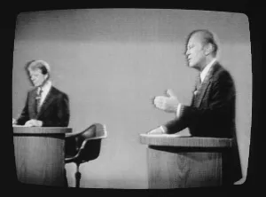August Prints: President Gerald Ford and Jimmy Carter on television during their first presidential debate