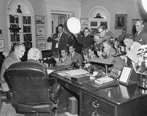 Reporters Prints: President Harry Truman (back to camera) in the Oval Office with Secretary of State Dean Acheson