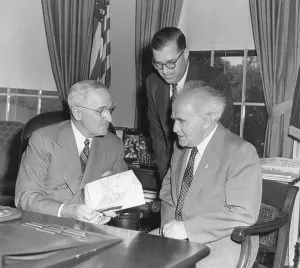 Zionism Prints: President Harry Truman meeting with PM David Ben-Gurion (seated) and Ambassador Abba Eban of Israel