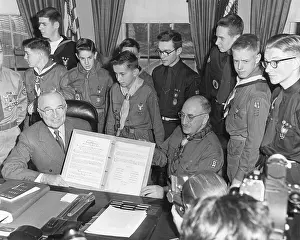 Boy Scouts Prints: President Harry Truman receives a Report to the Nation from a group of Boy Scouts