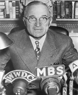 Broadcast Prints: President Harry Truman speaking into microphones of radio networks