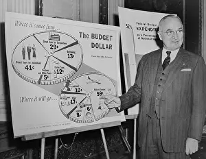 Government Spending Prints: President Harry Truman, standing next to budget charts for the 1954 fiscal year