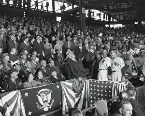 Lcgr1410 Prints: President Harry Truman tosses a baseball from the stands to open the season