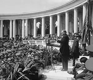 Microphones Prints: President Herbert Hoover speaking in the Arlington Amphitheater on Memorial Day