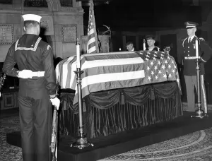 Death Prints: Former President Herbert Hoover's flag draped coffin