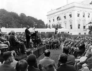 Welfare Prints: President Hoover speaks at the White House conference for assistance to the unemployed
