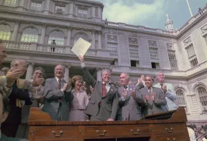 Financial Crisis Prints: President Jimmy Carter with New York politicians at New York's City Hall after signing the New York City Loan