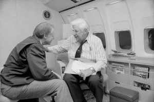 Oneill Prints: President Jimmy Carter talking with Speaker Thomas O'Neill 1912 1994 on Air Force One in 1978