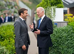 Three Quarter Length Prints: President Joe Biden and French President Emmanuel Macron talk prior to the first session of the G7 Summit