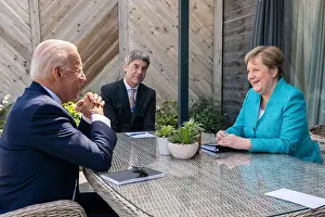 Angela Prints: President Joe Biden holds a brief pull-aside meeting with German Chancellor Angela Markel at the G7 Summit