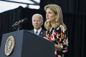 Caroline Prints: President Joe Biden looks on as Ambassador Caroline Kennedy speaks in support of Cancer Moonshot