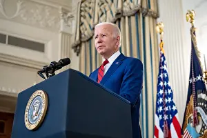 Speaking Prints: President Joe Biden speaks in the State Dining Room before signing nine veterans health care bills