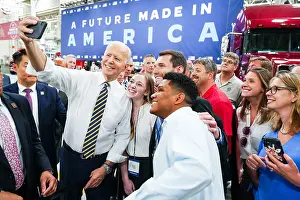 Group Portrait Prints: President Joe Biden takes a selfie with workers at the Mack Lehigh Valley Operations assembly plant