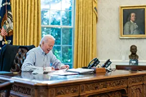 Elderly Adult Prints: President Joe Biden talks on a speaker phone with British Prime Minister Boris Johnson