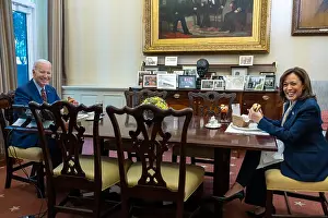 Asian American Prints: President Joe Biden and Vice President Kamala Harris dine on burgers in the Oval Office Dining Room