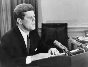 President John F. Kennedy announcing the US establishment of a naval blockade against Cuba, during the Missile Crisis. Oct. 22, 1962