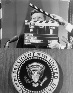 Filming Prints: President John F. Kennedy's stands behind the presidential seal