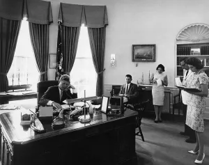 Journalists Prints: President John Kennedy addresses AMVETS Convention in New York City by telephone