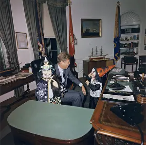 Halloween Prints: President John Kennedy with his children during their Halloween visit to the Oval Office