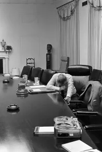 Distress Prints: President Johnson appears agonized as he listens to tape sent by his son-in-law Captain Charles Robb from Vietnam