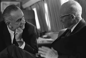 Former Presidents Prints: President Johnson met with former President Dwight Eisenhower aboard a parked Air Force One