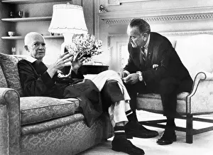 President Johnson visits former President Dwight Eisenhower at Walter Reed Hospital. The General was recuperating from a heart attack. June 11, 1968